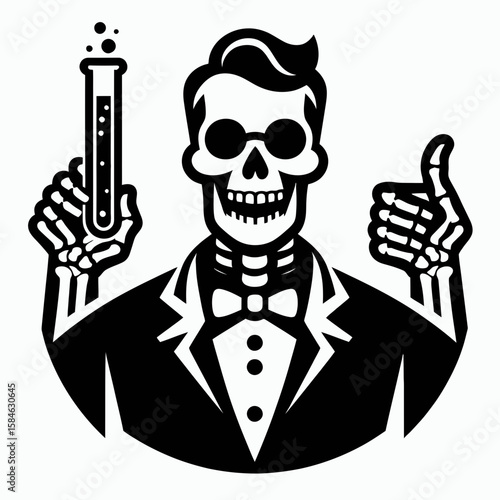 A Skeleton as Scientist holding test tube excited. Skull Bones Skeletal Clipart Line Art Vector Illustration. Bone figure like researcher grasping lab vial thrilled by experiment result.