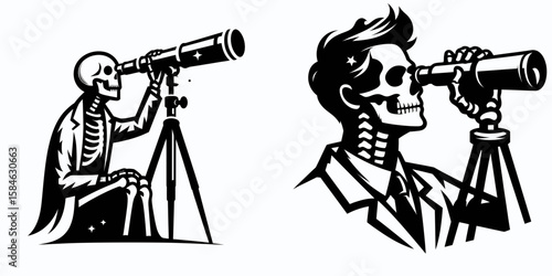 A Skeleton as Scientist looking through telescope amazed. Skull Bones Skeletal Clipart Line Art Vector Illustration. Bone figure scholar observing via scope stunned space exploration.