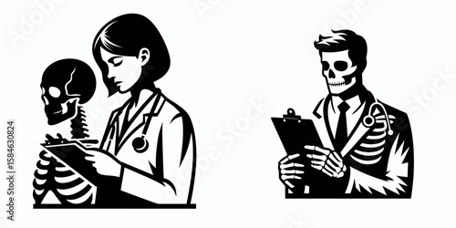 A Skeleton as Scientist reading clipboard content. Skull Bones Skeletal Clipart Line Art Vector Illustration. Bony humanoid researcher viewing information on writing board for project.