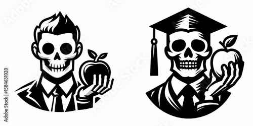 A Skeleton as Teacher holding with friendly grin. Skull Bones Skeletal Clipart Line Art Vector Illustration. Bony tutor kind smile carrying fruit giving lesson happy academic.
