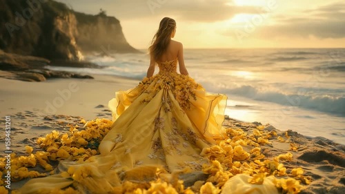 Woman in yellow dress with flowers sitting on sandy beach at sunset looking at ocean waves and cliffs