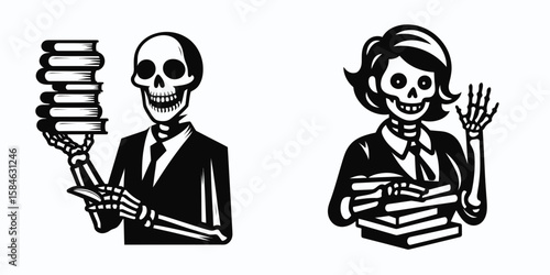 Wallpaper Mural A Skeleton as Teacher stacking books with playful smile. Skull Bones Skeletal Clipart Line Art Vector Illustration. . Torontodigital.ca