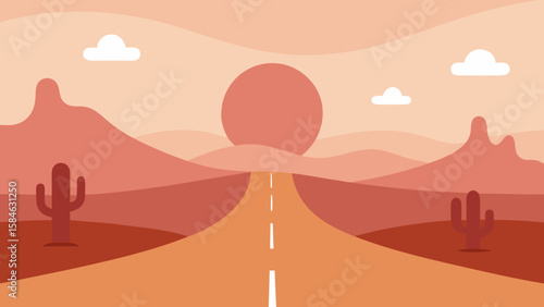 Cartoon Desert Road with Cactus and Pastel Sky