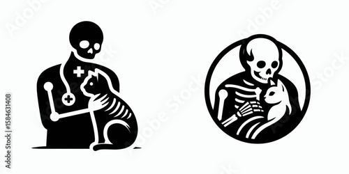 A Skeleton as Vet comforting cat soothing. Skull Bones Skeletal Clipart Line Art Vector Illustration. Bony medic giving solace to feline pet tender care for animal.