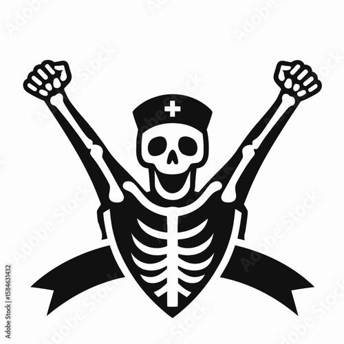 A Skeleton as Vet celebrating recovery happy. Skull Bones Skeletal Clipart Line Art Vector Illustration. Bony medic enjoying restoration gladness well-being achievement.