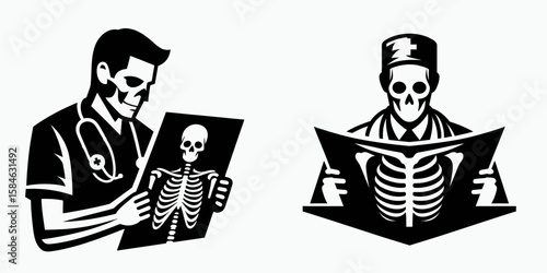 A Skeleton as Vet reviewing xray serious. Skull Bones Skeletal Clipart Line Art Vector Illustration. Bony doctor inspect image vital checkup grim analysis of health problem.