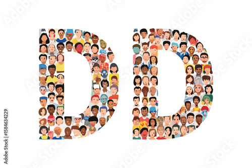 Diverse group of people forming the letters dd