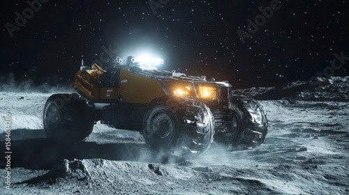 Futuristic Lunar Rover Exploring the Surface of the Moon at Night