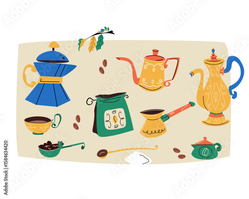 Hand-drawn coffee clipart set featuring moka pots, coffee cups, beans, cezve, spoons, and vintage kettles. Perfect for branding, planners, stickers, scrapbooking. This cozy bundle is for coffee lovers