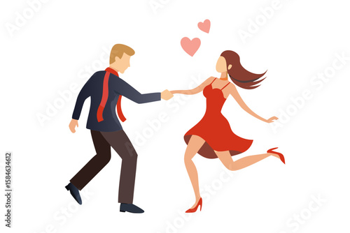 Couple dancing romantically with hearts floating above them