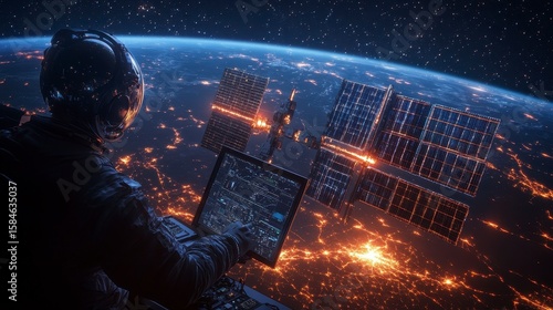 Astronaut Operates Control Panel in Space Above Earth at Night