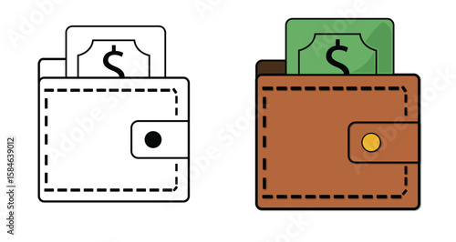 Illustration of a brown wallet with green money sticking out on a black background