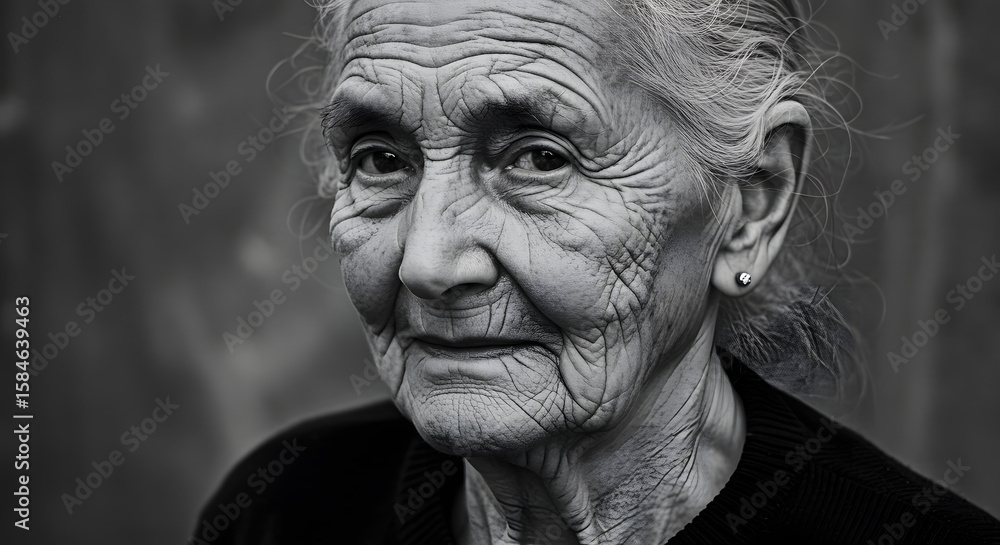Fototapeta premium Black and white portrait of elderly woman with deep wrinkles and kind eyes – emotional and expressive close-up capturing age, wisdom, beauty, and the human experience in timeless monochrome