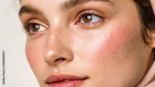 Close-up of a woman's face highlighting natural beauty and skin texture.