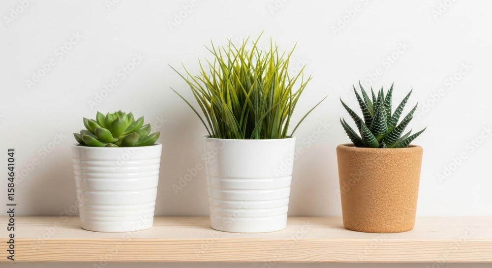 Fototapeta premium Photo of three small potted succulents on a wooden shelf against a white background, perfect for home decor