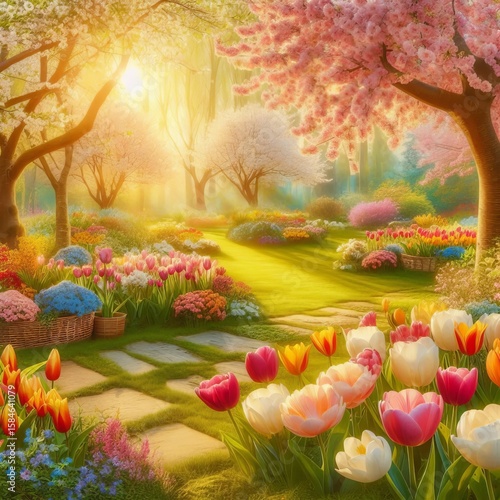 Setting Blooming garden or park vibrant flowers in full bloom tu
