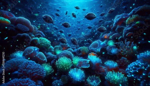 Underwater coral reef with bioluminescent fish
