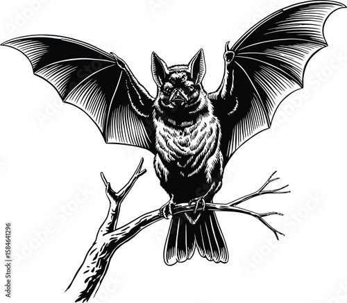 Flying Bat on Tree Branch vector. Black and White Vintage Style Vector Art.