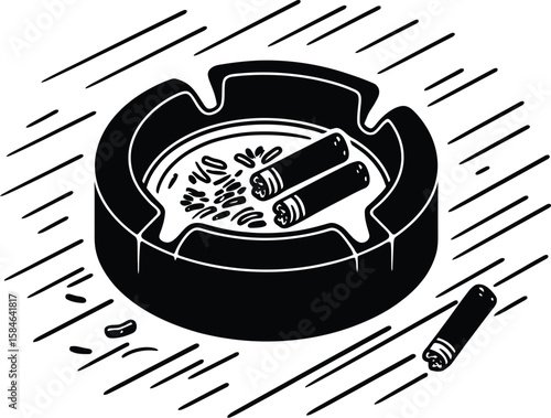 Cigarette ashtray with lighters vector illustration in black and white.