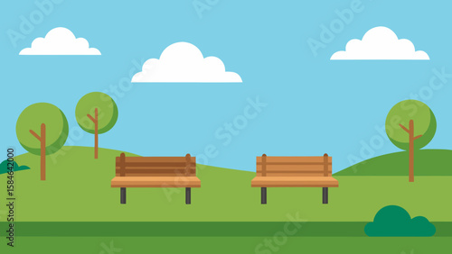 Open grassy area with park benches vector illustration