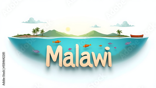 Wallpaper Mural 3D illustration of Lake Malawi with canoe, colorful fish, and clear waters. ‘Malawi’ in 3D text below. One of Africa’s most biodiverse freshwater lakes. Torontodigital.ca