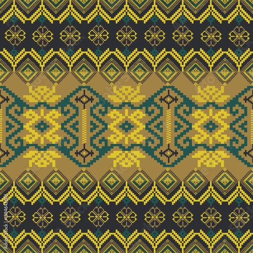 Traditional Ukrainian cross-stitch Detailed vector Illustration for textile printing design, on pixels green tones