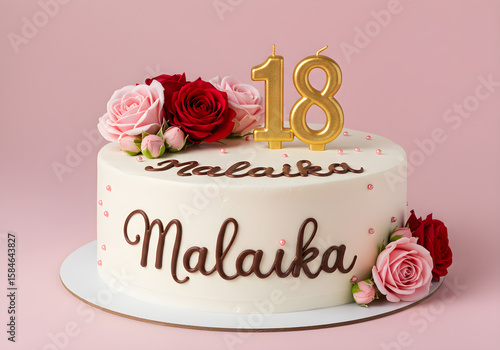 Eighteenth Birthday Cake for Malaika | White Celebration Cake with Pink and Red Roses for Greetings, Parties and Social Media