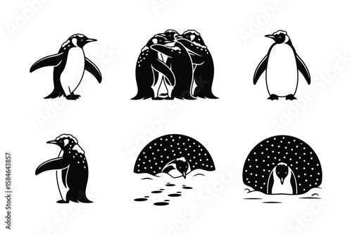 Penguin group huddle and solitary penguins in various poses standing