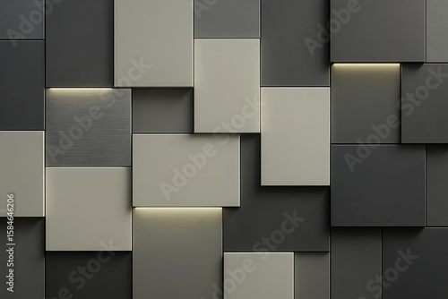 A modern 3D wallpaper design composed of clean, overlapping rectangular panels floating at varying depths. Each panel has a different finish, brushed steel, soft-touch ceramic.