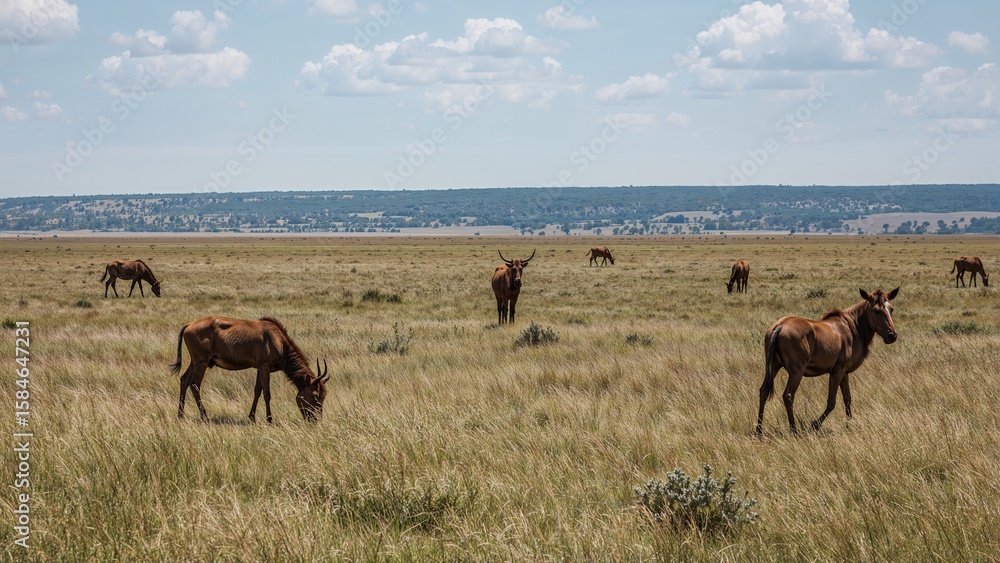 Fototapeta premium A group of antelopes grazing in a vast, open savanna.