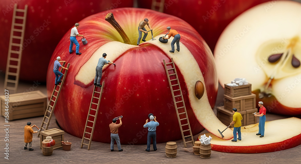 Fototapeta premium Miniature figures work on a giant apple, peeling and preparing it for consumption, showcasing intricate detail and meticulous craftsmanship.