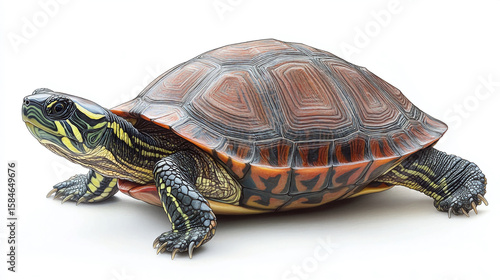 A painted turtle with a patterned shell and head on a white background in a studio setting view
