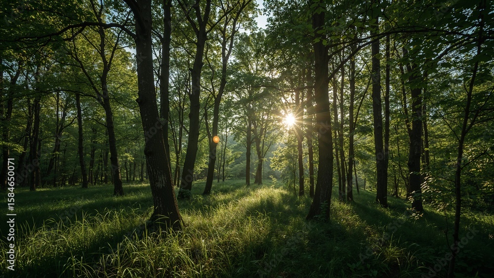 Fototapeta premium Sunlight filtering through a dense forest.