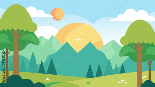 Peaceful morning forest background for kids vector illustration