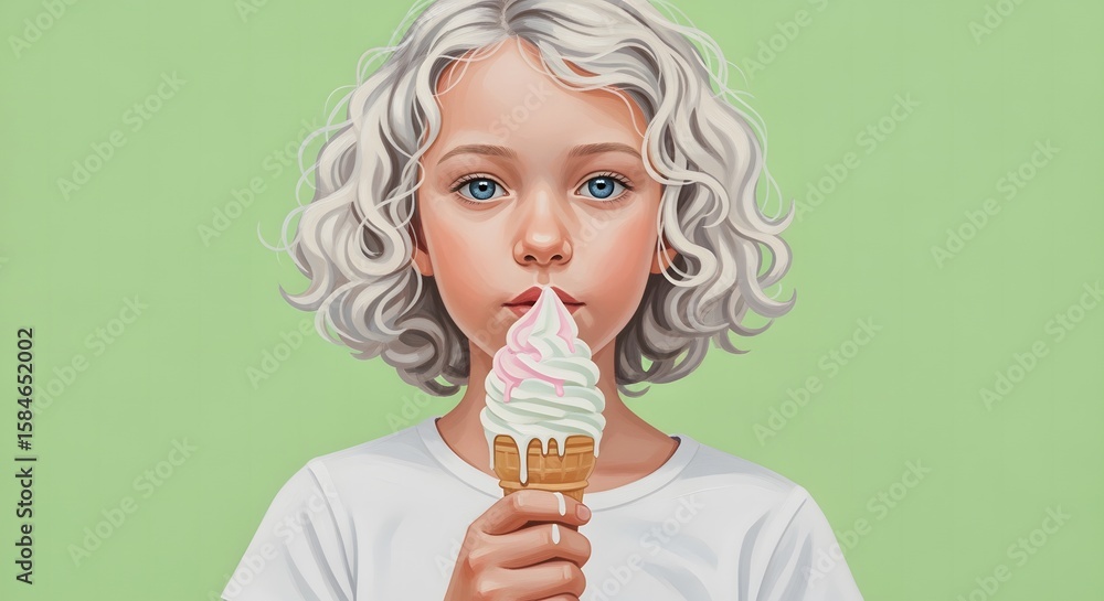 Young girl with platinum blonde curls holds a pastel ice cream cone. Young girl with platinum blonde curls holds a pastel ice cream cone.