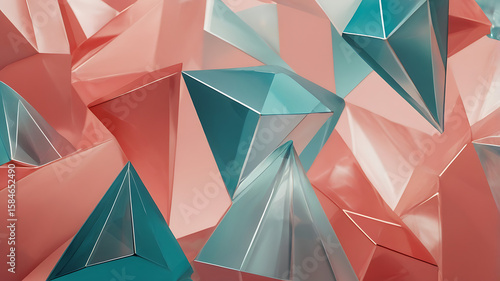 Dynamic abstract geometric composition with intersecting triangular forms in coral pink, teal, and white, featuring crystalline structures and prismatic light refractions against a gradient background