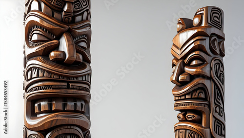 Carved Tiki totem pole statue isolated on transparent background  