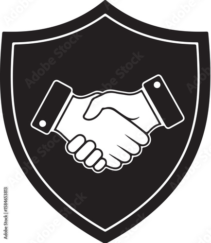 Symbolic Representation of Trust Security and Collaboration Depicting Two Hands Shaking Firmly Within a Shield Shaped Frame