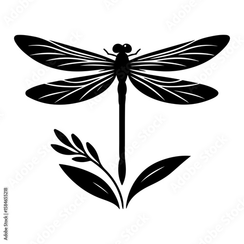 Black silhouette of a dragonfly hovering