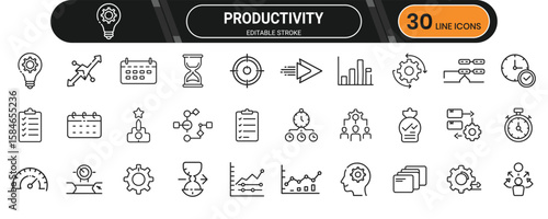 Productivity and efficiency icon set showing progress tracking, tools, time-saving, planning, and performance monitoring visuals