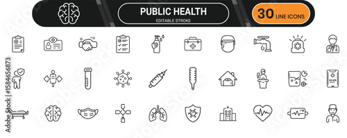 Public health line icons showing wellness check, disease prevention, medical services, hygiene awareness, and health systems