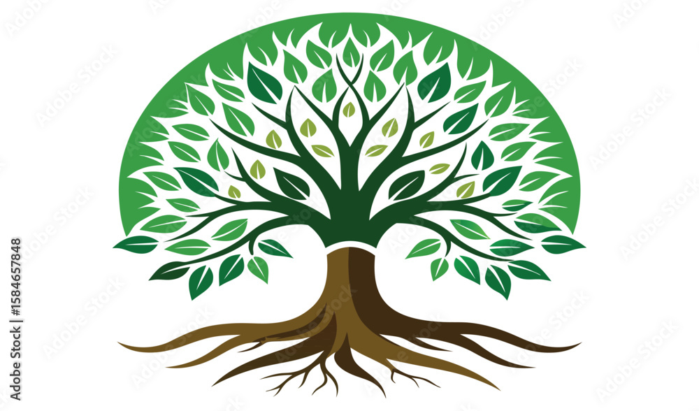 Naklejka premium Vector illustration of a vibrant green tree with visible roots, symbolizing nature, growth, and ecology