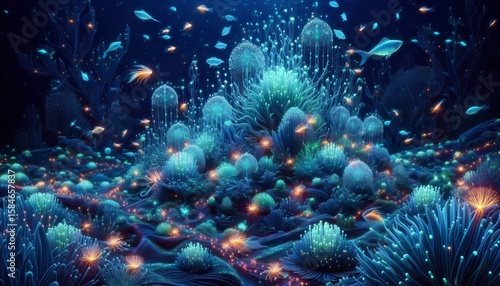 A detailed threedimensional underwater garden with glowing biolu