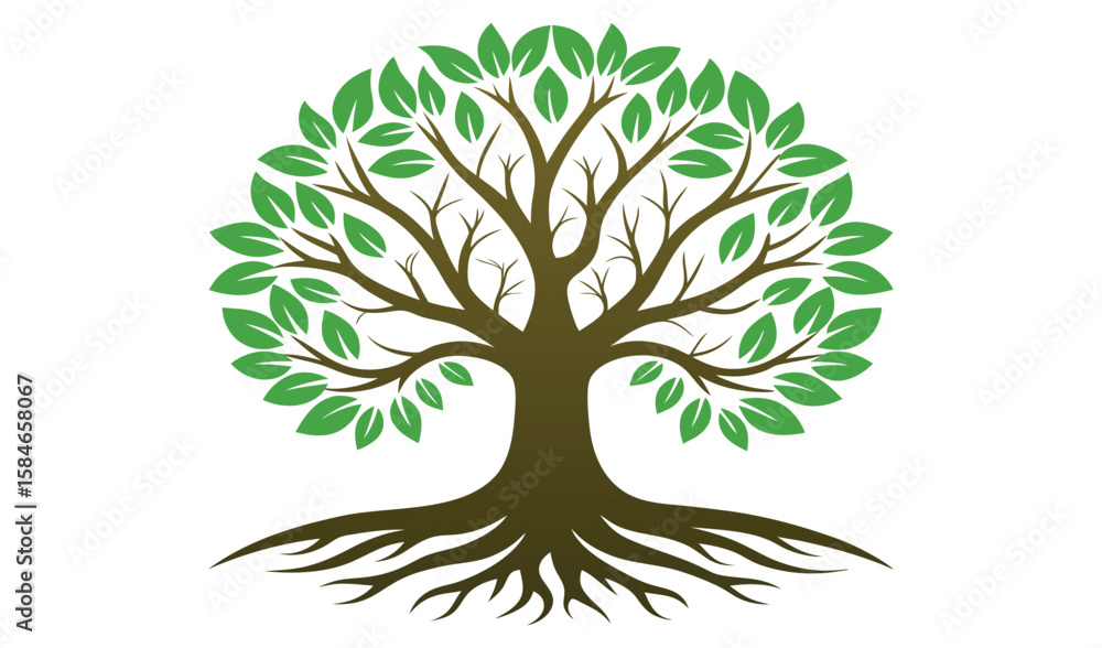 Naklejka premium Green tree vector isolated on white with branches and leaves, a perfect symbol of nature and ecology