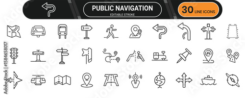 Public navigation icon set with maps, GPS routes, directional arrows, transport lines, and way finding for urban planning visuals