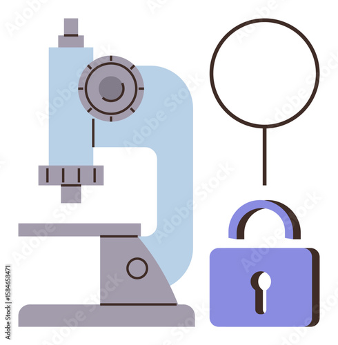 Microscope and magnifying glass represent investigation and analysis. Lock signifies security and privacy. Ideal for research, security, innovation, data analysis, education, technology, simple