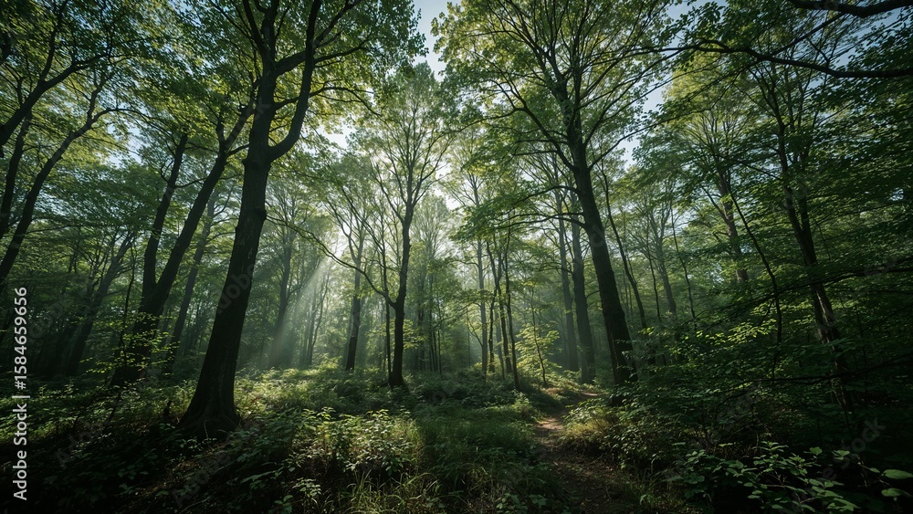 Obraz premium Sunlight filtering through a lush forest canopy.