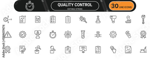 Quality control line icon set with checklist, verification, standards, audit, inspection, and testing for production processes