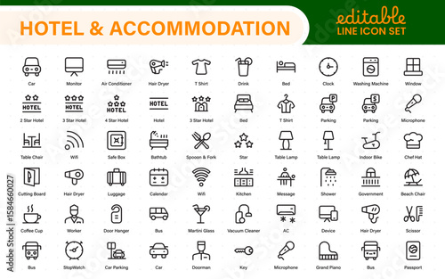 Hotel and accommodation icons. Universal service icons with building, booking, concierge, air conditioning, food delivery, housekeeping line vector web icon.