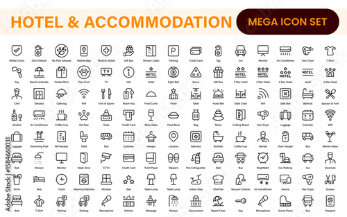 Hotel and accommodation icons. Universal service icons with building, booking, concierge, air conditioning, food delivery, housekeeping line vector web icon.